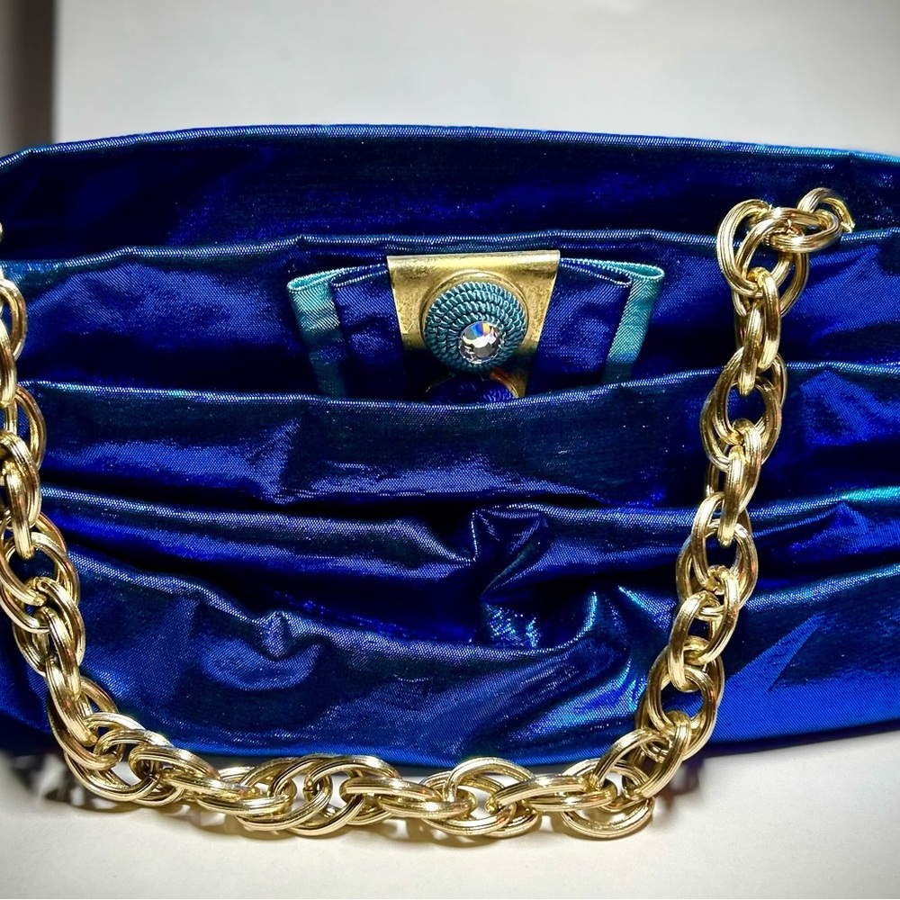 Escada Royal Blue Satin Clutch with Gold Chain